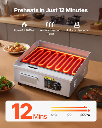 Commercial Electric Griddle, 17.72 x 11.81 inch, 1750W, 122-570°F Adjustable Temp Control, with 2 Spatulas, 2 Brushes, and 4 Foot Pads, for Steak