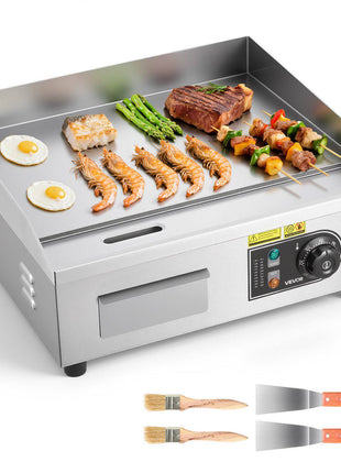 Commercial Electric Griddle, 17.72 x 11.81 inch, 1750W, 122-570°F Adjustable Temp Control, with 2 Spatulas, 2 Brushes, and 4 Foot Pads, for Steak