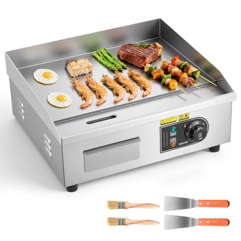 Commercial Electric Griddle, 17.72 x 11.81 inch, 1750W, 122-570°F Adjustable Temp Control, with 2 Spatulas, 2 Brushes, and 4 Foot Pads, for Steak