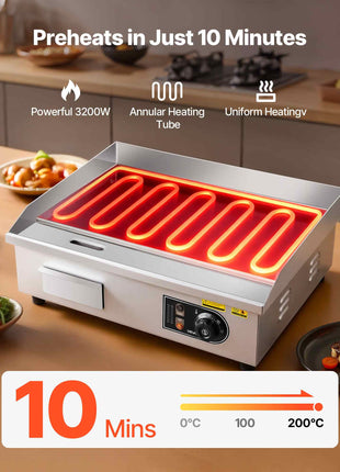 Commercial Electric Griddle, 21.06 x 11.81 inch, 3200W, 122-570°F Adjustable Temp Control, Stainless Steel Body, Full Flat, with 2 Spatulas, 2 Brushes, and 4 Foot Pads, for Steak, Pancake