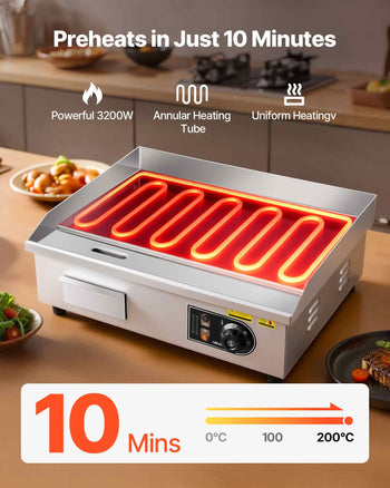 Commercial Electric Griddle, 21.06 x 11.81 inch, 3200W, 122-570°F Adjustable Temp Control, Stainless Steel Body, Full Flat, with 2 Spatulas, 2 Brushes, and 4 Foot Pads, for Steak, Pancake