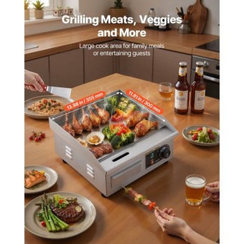 Commercial Electric Griddle, 13.98 x 11.81 inch, 1750W, 122-570°F Adjustable Temp Control, Stainless Steel Countertop Flat Top Grill with 2 Spatulas and 2 Brushes, for Steak, Pancake, Squid