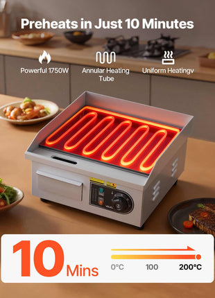 Commercial Electric Griddle, 13.98 x 11.81 inch, 1750W, 122-570°F Adjustable Temp Control, Stainless Steel Countertop Flat Top Grill with 2 Spatulas and 2 Brushes, for Steak, Pancake, Squid