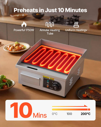 Commercial Electric Griddle, 13.98 x 11.81 inch, 1750W, 122-570°F Adjustable Temp Control, Stainless Steel Countertop Flat Top Grill with 2 Spatulas and 2 Brushes, for Steak, Pancake, Squid