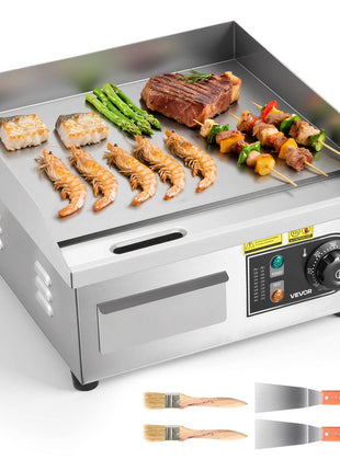 Commercial Electric Griddle, 13.98 x 11.81 inch, 1750W, 122-570°F Adjustable Temp Control, Stainless Steel Countertop Flat Top Grill with 2 Spatulas and 2 Brushes, for Steak, Pancake, Squid