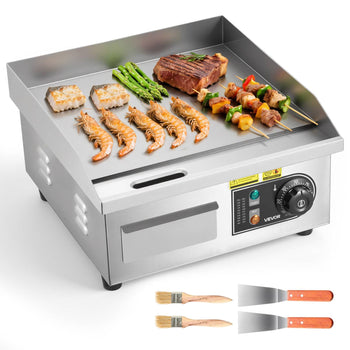 Commercial Electric Griddle, 13.98 x 11.81 inch, 1750W, 122-570°F Adjustable Temp Control, Stainless Steel Countertop Flat Top Grill with 2 Spatulas and 2 Brushes, for Steak, Pancake, Squid