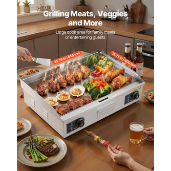 Commercial Electric Griddle, 25.79 x 15.75 inch, 2800W, 122-570°F Adjustable Temp Control, Stainless Steel Body, Full Flat, with 2 Spatulas, 2 Brushes, and 4 Foot Pads, for Steak, Pancake