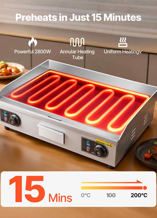 Commercial Electric Griddle, 25.79 x 15.75 inch, 2800W, 122-570°F Adjustable Temp Control, Stainless Steel Body, Full Flat, with 2 Spatulas, 2 Brushes, and 4 Foot Pads, for Steak, Pancake (NO PLUG)