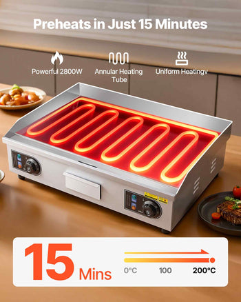 Commercial Electric Griddle, 25.79 x 15.75 inch, 2800W, 122-570°F Adjustable Temp Control, Stainless Steel Body, Full Flat, with 2 Spatulas, 2 Brushes, and 4 Foot Pads, for Steak, Pancake (NO PLUG)