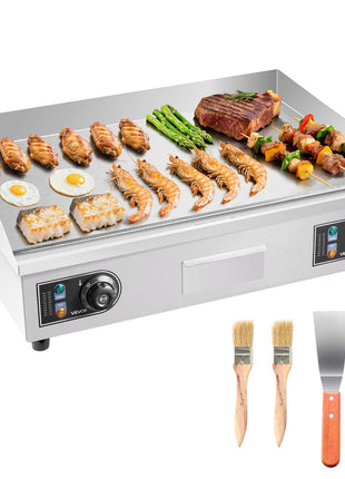 Commercial Electric Griddle, 25.79 x 15.75 inch, 2800W, 122-570°F Adjustable Temp Control, Stainless Steel Body, Full Flat, with 2 Spatulas, 2 Brushes, and 4 Foot Pads, for Steak, Pancake (NO PLUG)