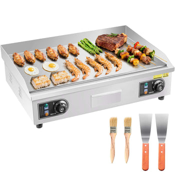 Commercial Electric Griddle, 25.79 x 15.75 inch, 2800W, 122-570°F Adjustable Temp Control, Stainless Steel Body, Full Flat, with 2 Spatulas, 2 Brushes, and 4 Foot Pads, for Steak, Pancake (NO PLUG)