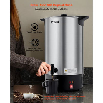 Commercial Coffee Urn, 100 Cup 15 L Hot Beverage Dispenser with Dripless Faucet, Quick-Brewing Stainless Steel Large Commercial Coffee Maker, for Catering, Business, Party, Church & Restaurant