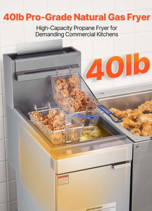 Commercial Deep Fryer, 3-Burner Fryer for Restaurants, Stainless Steel Floor Standing Deep Fryers with Dual Baskets and Adjustable Temperature, Natural Gas Powered, 40 lbs Capacity, 90,000 BTU