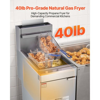 Commercial Deep Fryer, 3-Burner Fryer for Restaurants, Stainless Steel Floor Standing Deep Fryers with Dual Baskets and Adjustable Temperature, Natural Gas Powered, 40 lbs Capacity, 90,000 BTU