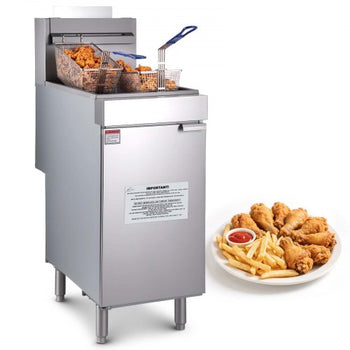 Commercial Deep Fryer, 3-Burner Fryer for Restaurants, Stainless Steel Floor Standing Deep Fryers with Dual Baskets and Adjustable Temperature, Natural Gas Powered, 40 lbs Capacity, 90,000 BTU