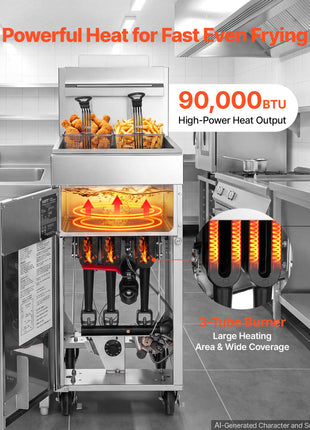 Commercial Propane Deep Fryer 90,000 BTU with 2 Baskets, 3-Tube Burner Fryer, Stainless Steel Floor Standing Deep Fryers Cart, 40 lbs Capacity for Restaurants