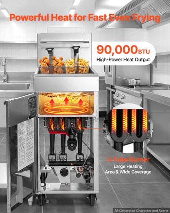 Commercial Propane Deep Fryer 90,000 BTU with 2 Baskets, 3-Tube Burner Fryer, Stainless Steel Floor Standing Deep Fryers Cart, 40 lbs Capacity for Restaurants