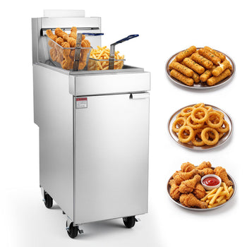 Commercial Propane Deep Fryer 90,000 BTU with 2 Baskets, 3-Tube Burner Fryer, Stainless Steel Floor Standing Deep Fryers Cart, 40 lbs Capacity for Restaurants