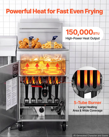 Commercial Propane Deep Fryer 150,000 BTU with 2 Baskets, 5-Tube Burner Fryer, Stainless Steel Floor Standing Deep Fryers Cart, 80 lbs Capacity for Restaurants