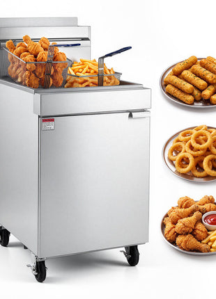 Commercial Propane Deep Fryer 150,000 BTU with 2 Baskets, 5-Tube Burner Fryer, Stainless Steel Floor Standing Deep Fryers Cart, 80 lbs Capacity for Restaurants