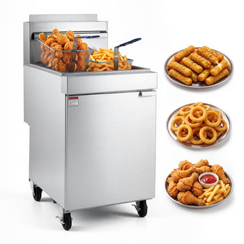 Commercial Propane Deep Fryer 150,000 BTU with 2 Baskets, 5-Tube Burner Fryer, Stainless Steel Floor Standing Deep Fryers Cart, 80 lbs Capacity for Restaurants