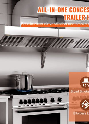 Commercial Exhaust Hood, 5FT Food Truck Hood Exhaust, 201 Stainless Steel Concession Trailer Hood with 2 Detachable U-shaped Grid Oil Filter Mesh, Rust Resistant Vent Hood for Kitchen Restaurant