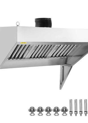 Stainless steel commercial range hood with adjustable height, sleek design, and includes mounting hardware for installation.