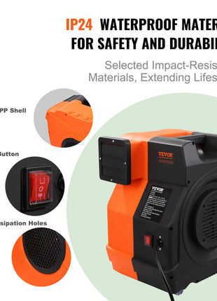 IP24 waterproof orange and black blower with durable PP shell, switch button, and heat dissipation holes for safety.