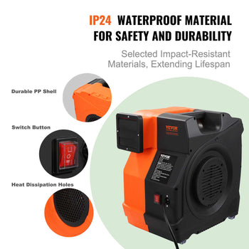 IP24 waterproof orange and black blower with durable PP shell, switch button, and heat dissipation holes for safety.