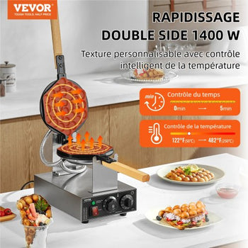 Commercial Bubble Waffle Maker, 1400W Egg Pancake Baker Machine, Non-Stick Stainless Steel Egg Bubble Puff, 180° Rotatable, Temp and Time Control, Wooden Handle, for Restaurant Bakery Snack Bar