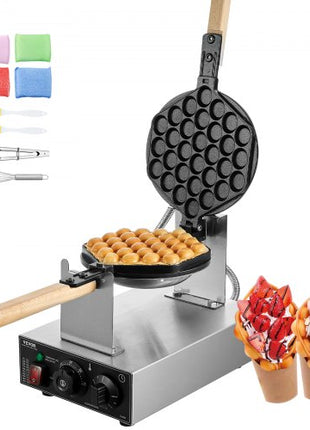 Commercial Bubble Waffle Maker, 1400W Egg Pancake Baker Machine, Non-Stick Stainless Steel Egg Bubble Puff, 180° Rotatable, Temp and Time Control, Wooden Handle, for Restaurant Bakery Snack Bar