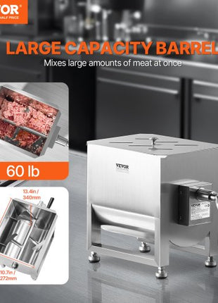 Manual Meat Mixer, 30L Fixed Tank Meat Processing Equipment(Mixing Max 60LBS for Meat), Stainless Steel Meat Mixer, Sausage Mixer Machine with Lid Handle Gear Reducer, Ground Beef Hand Mixer