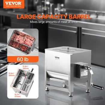 Manual Meat Mixer, 30L Fixed Tank Meat Processing Equipment(Mixing Max 60LBS for Meat), Stainless Steel Meat Mixer, Sausage Mixer Machine with Lid Handle Gear Reducer, Ground Beef Hand Mixer