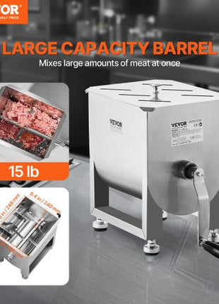 Manual Meat Mixer, 15L Fixed Tank Meat Processing Equipment(Mixing Maximum 15LBS for Meat), Stainless Steel Meat Mixer, Sausage Mixer Machine with Lid and Handle, Ground Beef Hand Mixer