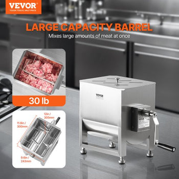 Manual Meat Mixer, 20L Fixed Tank Meat Processing Equipment(Mixing Max 30LBS for Meat), Stainless Steel Meat Mixer, Sausage Mixer Machine with Lid Handle Gear Reducer, Ground Beef Hand Mixer