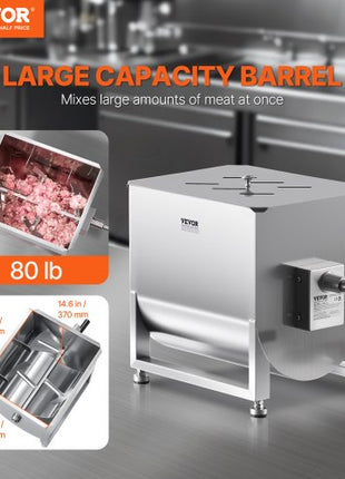Manual Meat Mixer, 40L Fixed Tank Meat Processing Equipment(Mixing Max 80LBS for Meat), Stainless Steel Meat Mixer, Sausage Mixer Machine with Lid Handle Gear Reducer, Ground Beef Hand Mixer
