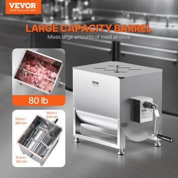 Manual Meat Mixer, 40L Fixed Tank Meat Processing Equipment(Mixing Max 80LBS for Meat), Stainless Steel Meat Mixer, Sausage Mixer Machine with Lid Handle Gear Reducer, Ground Beef Hand Mixer