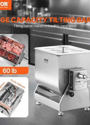 Manual Meat Mixer, 60 Pound Max Capacity Tilt Tank Meat Mixer, Stainless Steel Meat Processing Equipment, Sausage Mixer Machine with Lid and Handle, Ground Beef Hand Mixer, Silver