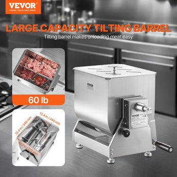Manual Meat Mixer, 60 Pound Max Capacity Tilt Tank Meat Mixer, Stainless Steel Meat Processing Equipment, Sausage Mixer Machine with Lid and Handle, Ground Beef Hand Mixer, Silver