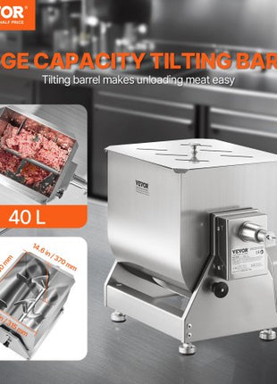 Manual Meat Mixer, 40L Tilt Tank Meat Processing Equipment(Mixing Max 40L for Meat), Stainless Steel Meat Mixer, Sausage Mixer Machine with Lid Handle Gear Reducer, Ground Beef Hand Mixer