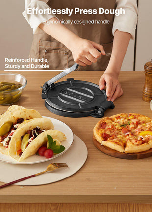 Tortilla Press, 10 Inch Cast Iron Tortilla and Roti Maker, Heavy Duty Tortilladora Press, Pataconera Makers with Handle and 100 Pcs Parchment Paper, Dough Taco Press for Flour Tortilla, Tawa