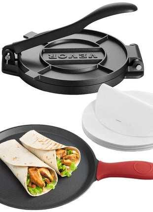 Tortilla Press, 8 Inch Cast Iron Tortilla and Roti Maker, Heavy Duty Tortilladora Press, Pataconera Makers with Handle and 100 Pcs Parchment Paper, Dough Taco Press for Flour Tortilla, Tawa