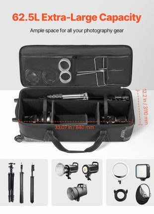 Studio Equipment Trolley Case, 35.83 x 11.81 x 14 in / 91 x 30 x 35.5 cm, Rolling Camera Bag, Carrying Bag with Wheels Straps Padded Compartment Handle, for Light Stands, Tripods, Telescopes