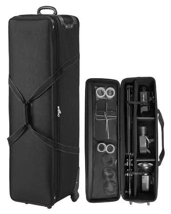Studio Equipment Trolley Case, 51.57 x 14.37 x 14.96 in / 131 x 36.5 x 38 cm, Rolling Camera Bag, Carrying Bag with Wheels Straps Padded Compartment Handle, for Light Stands, Tripods, Telescopes