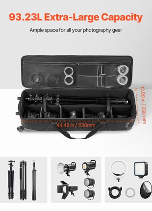 Studio Equipment Trolley Case, 46.46 x 14.57 x 11.81 in / 118 x 37 x 30 cm, Rolling Camera Bag, Carrying Bag with Wheels Straps Padded Compartment Handle, for Light Stands, Tripods, Telescopes