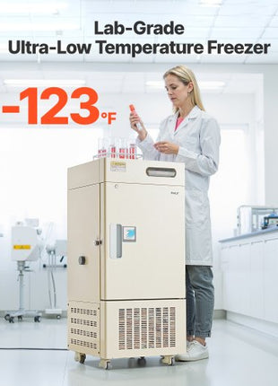 Ultra Low Temperature Freezer, 28 L, ?40? to ?123? Adjustable Temp Range, with Rollers and Digital Display, 304 Stainless Steel Liner, Low Temperature Lab Freezer for Laboratory Samples Storage