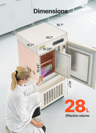 Ultra Low Temperature Freezer, 28 L, −40℉ to −123℉ Adjustable Temp Range, with Rollers and Digital Display, 304 Stainless Steel Liner, Low Temperature Lab Freezer for Laboratory Samples Storage