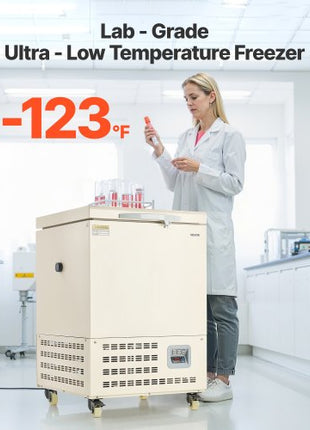 Ultra Low Temperature Freezer, 58 L, ?40? to ?123? Adjustable Temp Range, with Rollers and Digital Display, 304 Stainless Steel Liner, Low Temperature Lab Freezer for Laboratory Samples Storage