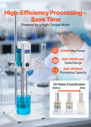 Homogenizer, 500 W Laboratory High Speed Dispersing Homogenizer, 200-11000 RPM High Shear Lab Mixer Emulsification Machine, Digital Display Blender, Stainless Steel, for Cosmetics/Food Industry