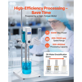 Homogenizer, 500 W Laboratory High Speed Dispersing Homogenizer, 200-11000 RPM High Shear Lab Mixer Emulsification Machine, Digital Display Blender, Stainless Steel, for Cosmetics/Food Industry